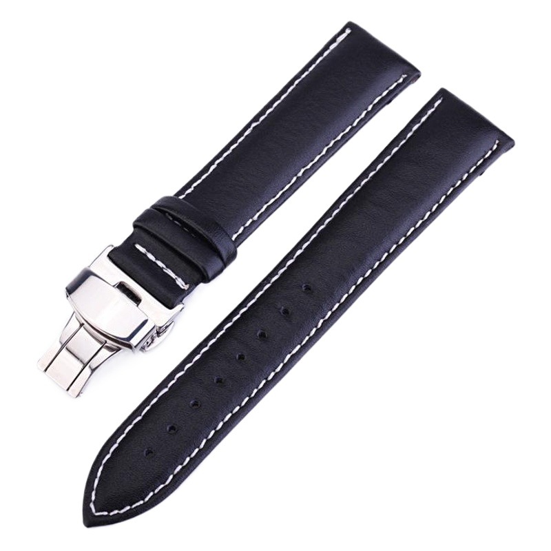 Correa de cuero de los hombres de correa de reloj liso correa de reloj de mujer universal Correa de doble prensa hebilla de mariposa 12-24 negro y marrón