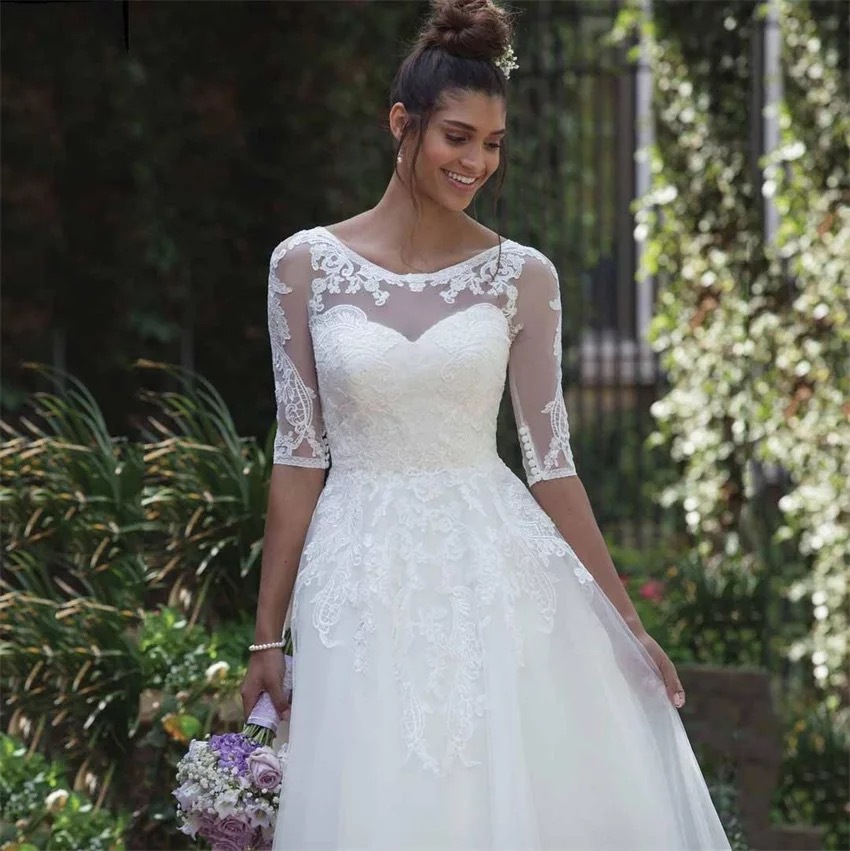 Amazon Comercio exterior nuevo transparente cuchara media manga rodilla-longitud falda de encaje barato apliques boda vestido de novia