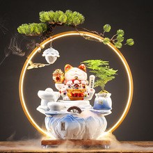 创意中式招财猫循环水车流水客厅玄关桌面装饰摆件开业乔迁送礼品