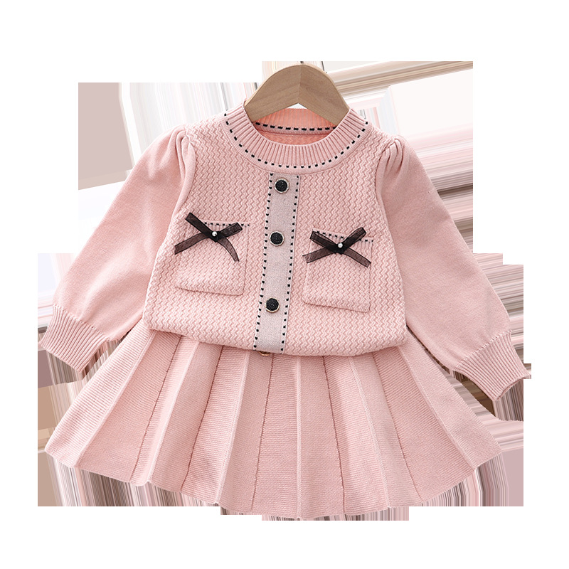 Mädchen Koreanischer Strickrock für Mädchen, Größe 90-130, modischer Rundhalspullover, Faltenrock, zweiteiliges Set_voghion.com