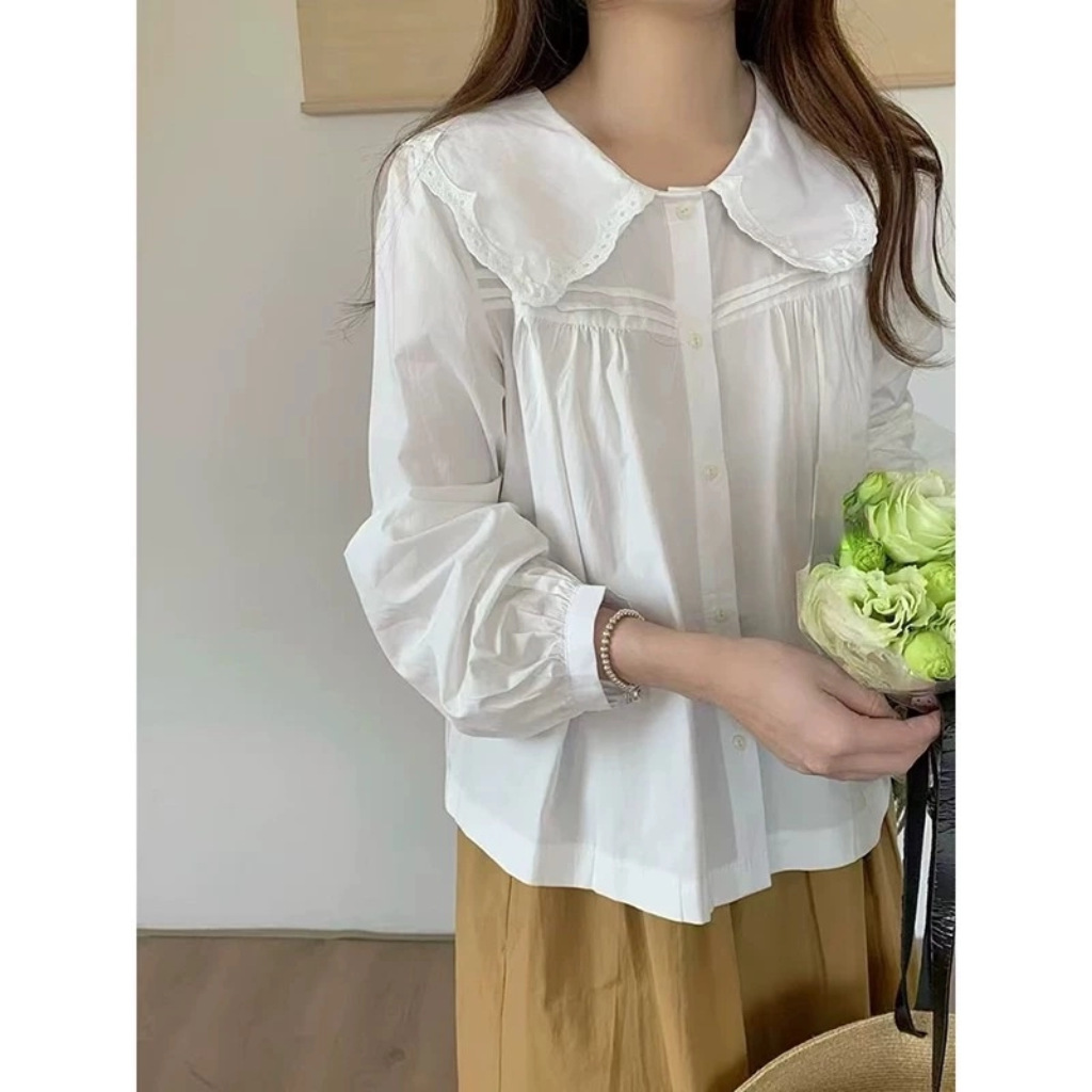 小清新韩系娃娃领长袖衬衫女春秋季新款洋气减龄小衫气质上衣