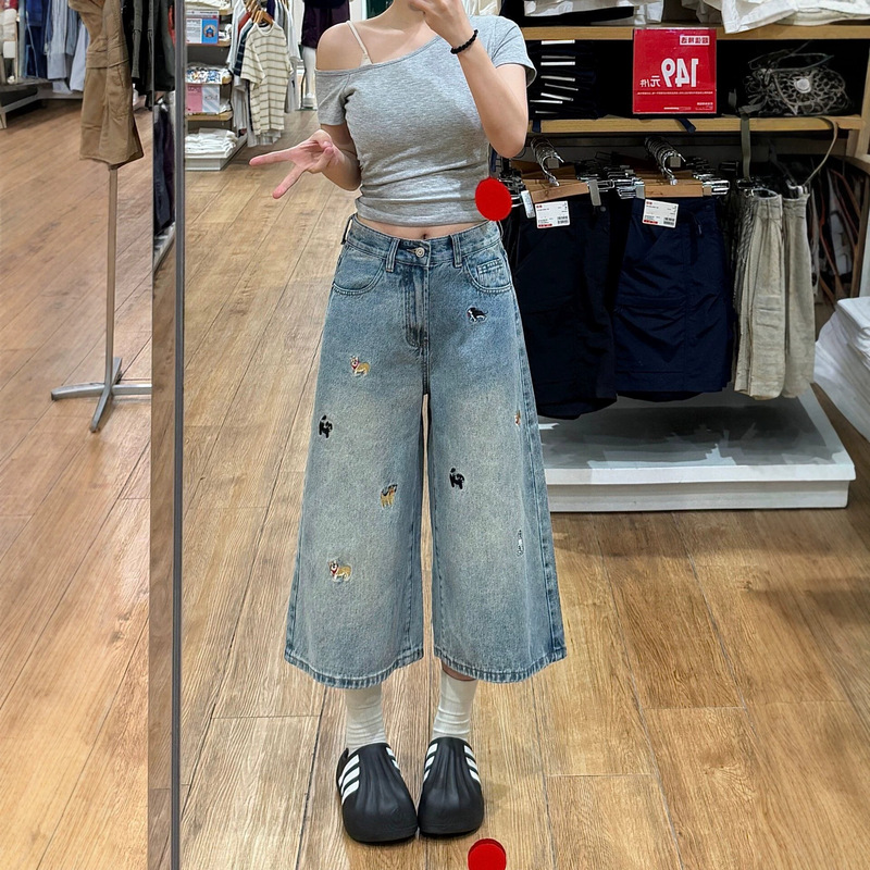American retro style women's loose-fitting cropped wide-leg jeans, suitable for petite women, summer thin 7/8 length shorts American retro style women's loose-fitting cropped wide-leg jeans, suitable for petite women, summer thin 7/8 length shorts