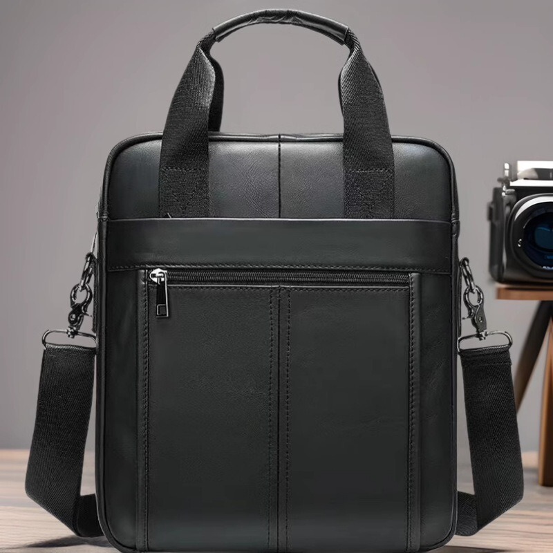 Business Genuine Leather Briefcase Handbag, Simple Men's Vertical Shoulder Bag, First-Layer Cowhide Handbag, Cross-Body Document Bag