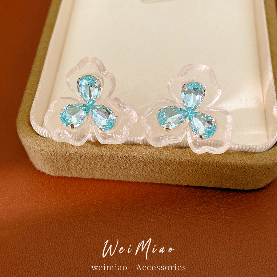 Agujas de plata zircón azul resina flor pernos pequeños frescos dulces temperamento versátil pendientes ligeros de lujo alta sensación de pendientes image 4