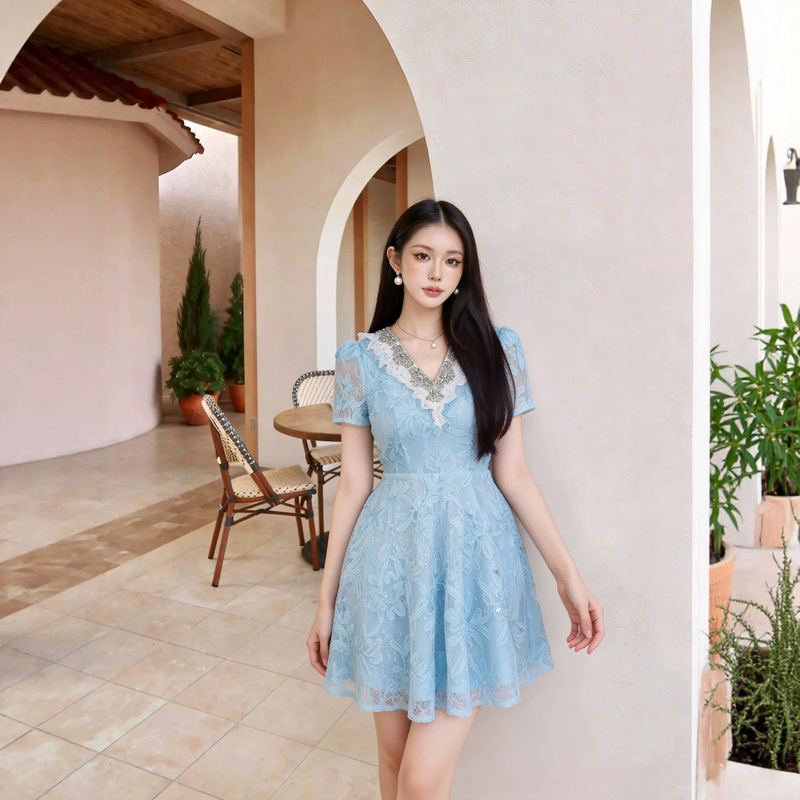 V-Neck Heavy-Duty Rhinestone Lace Blue Lace Dress with Puff Sleeves, Waist-Cinching, Large Hem, Fairy-Like Date Dress 12040 V-Neck Heavy-Duty Rhinestone Lace Blue Lace Dress with Puff Sleeves, Waist-Cinching, Large Hem, Fairy-Like Date Dress 12040