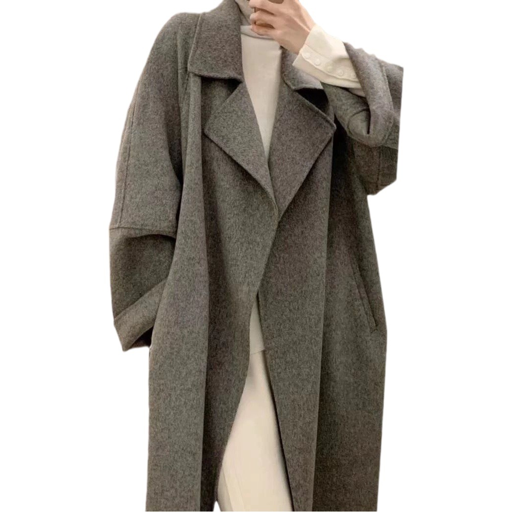 Abrigo de Lana de Doble Cara para Mujer 100% Lana Holgado de Longitud Media para Invierno