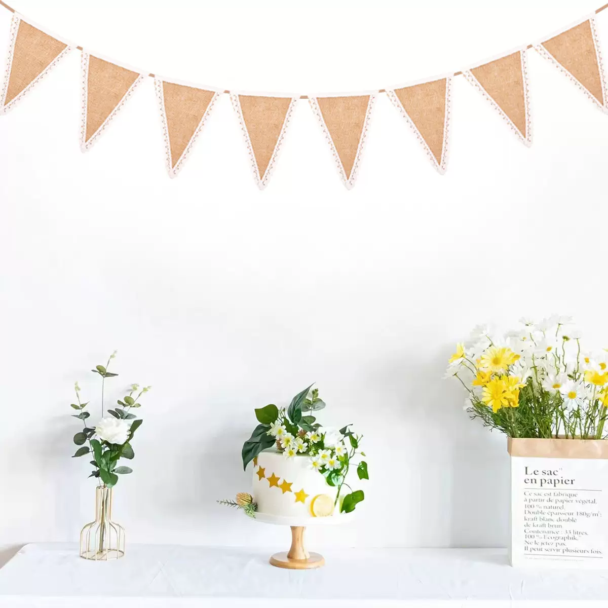 跨境蕾丝花边麻布装饰三角旗家庭聚会节日派对圣诞婚庆配饰现货