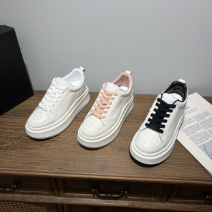 Summer New Style Genuine Leather Thick-Soled Women's Platform-Soled Sports and Casual Shoes, Women's Height-Increasing White Shoes, Panda Biscuit Shoes