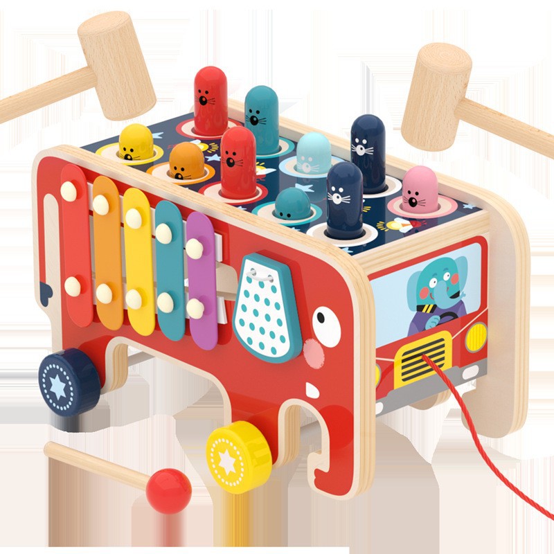 Los niños educativos doble martillo digital computación hámster juguete de madera elefante de los niños arrastrando y golpeando juego de hámster