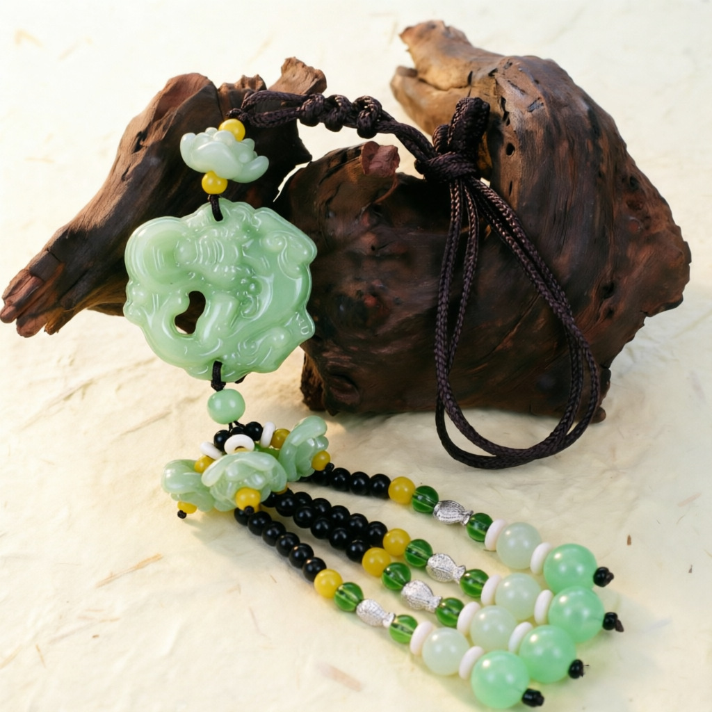 Double-Sided Light Green Jade Pendant with Safe Journey Symbol, Gourd, Pixiu, Guanyin, Maitreya Buddha, and Lotus Design for Car Decoration