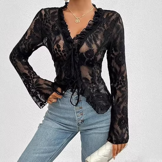 Women's V-Neck Lace Sheer Top, Sexy Mesh See-Through Shirt, Front-Tie Long-Sleeve Blouse
