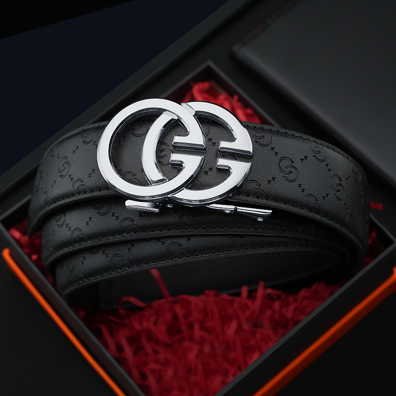 Caja de regalo de madera maciza para hombres cinturón de hebilla automático versátil casual regalo de lujo ligero cinturón de piel de vaca de dos capas entrega de una pieza