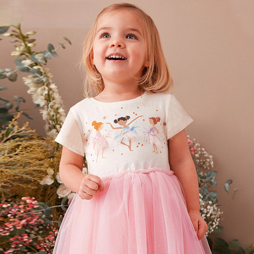 2024 summer new girls' dress, European and American cartoon print mesh princess dress, cute children's tulle skirt