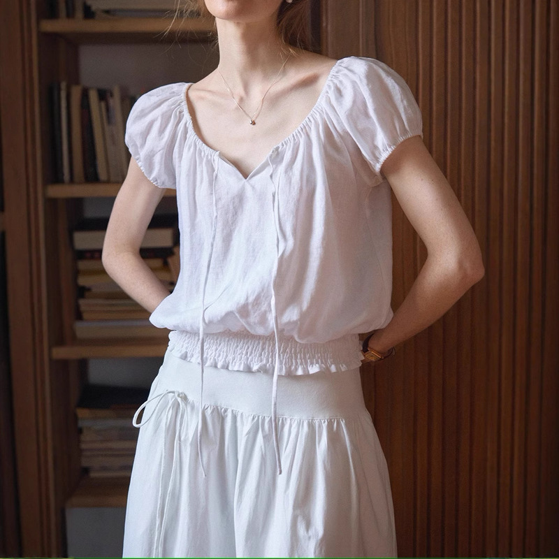 2026Ss High-End 100% Natural Rain Dew Sand-Washed Linen Tie-Front Smock Short-Sleeve Top