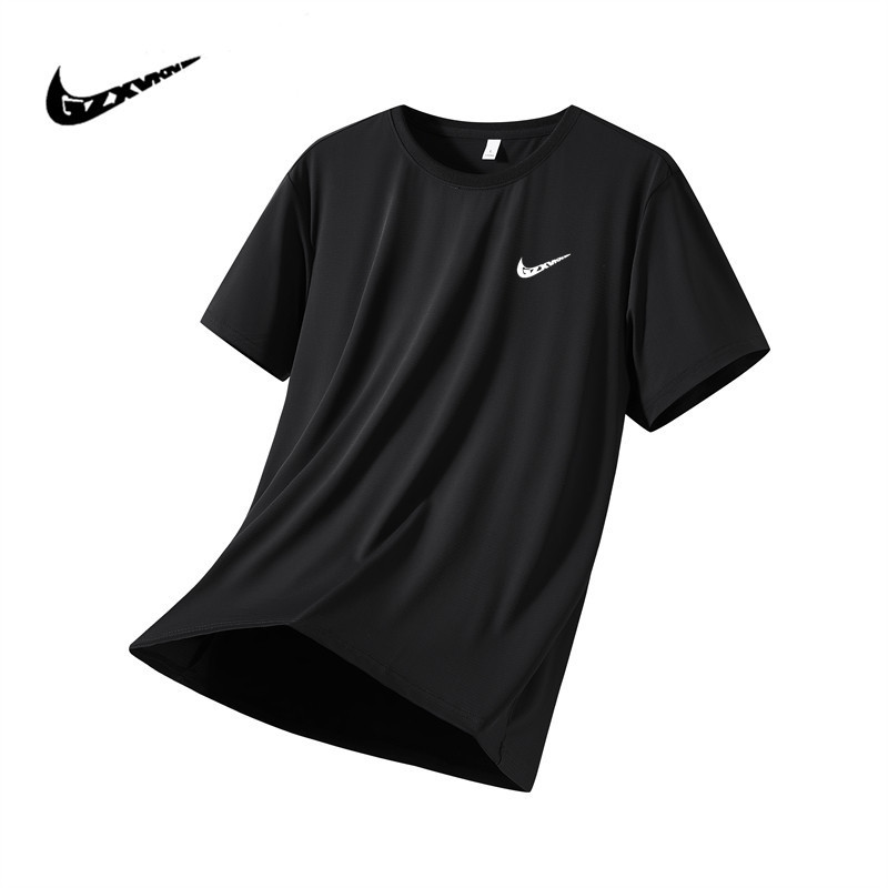 Summer New Breathable Ice Silk T-shirt Men's plus size Quick-drying Short-sleeved Men's Round Neck Loose High Stretch Quick-drying T-shirt