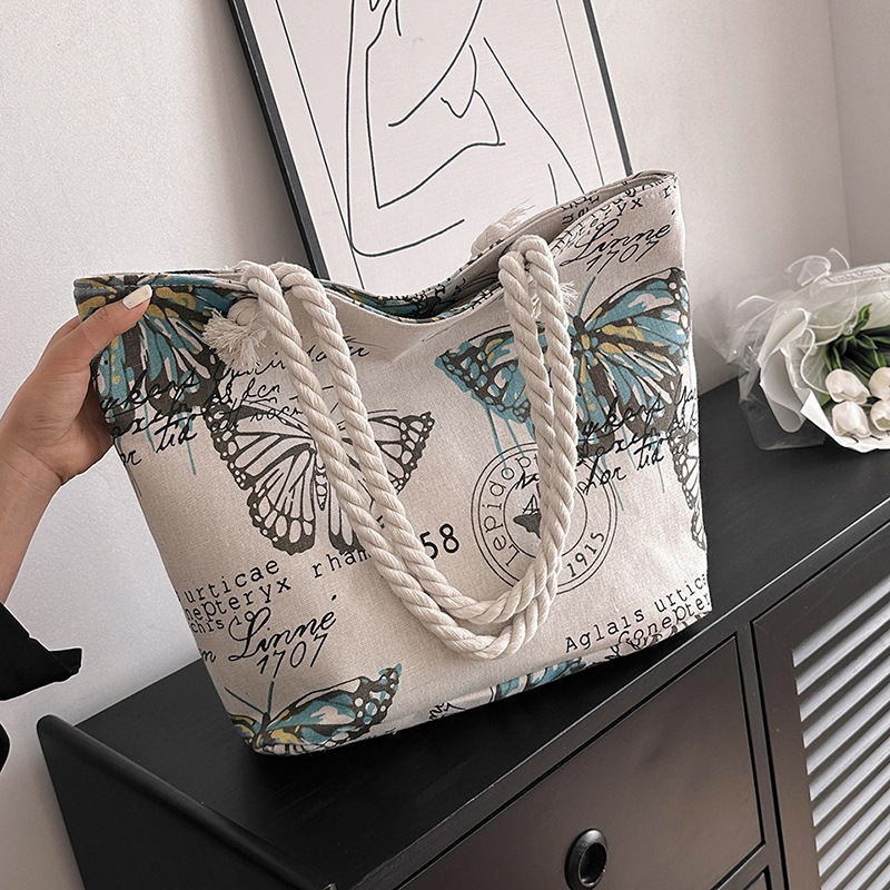 Casual, Holiday Occasion Canvas Material Leaves, Butterfly Pattern Women's Medium Canvas Leaves Butterfly Beach Square Zipper Beach Bag