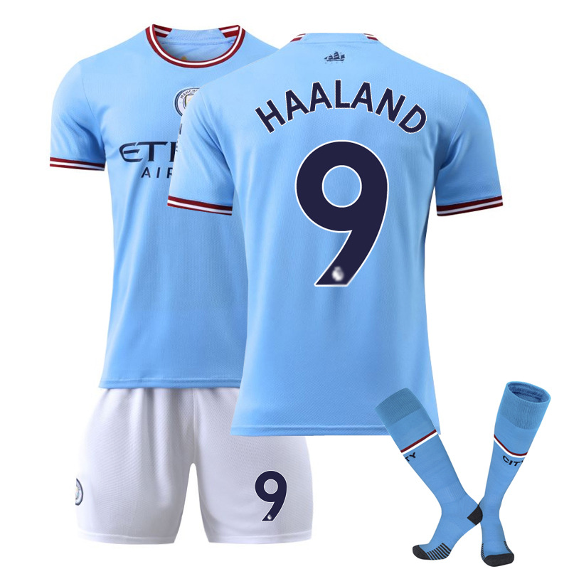 thumbnail image 1 of 22-23 Conjunto de camiseta de fútbol local del Manchester City No. 17 De Bruyne 9 Harland 47 Foden 7 Sterling Jersey (No.9 con calcetines) XXL, 1 of 3