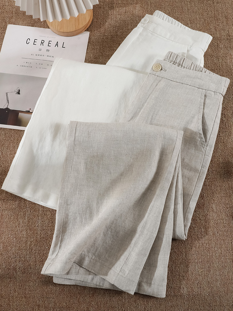 ピュアリネンワイドレッグパンツ2025新しい薄いリネンドレープハイウエスト9ポイントスリムカジュアルストレートレッグパンツ女性用