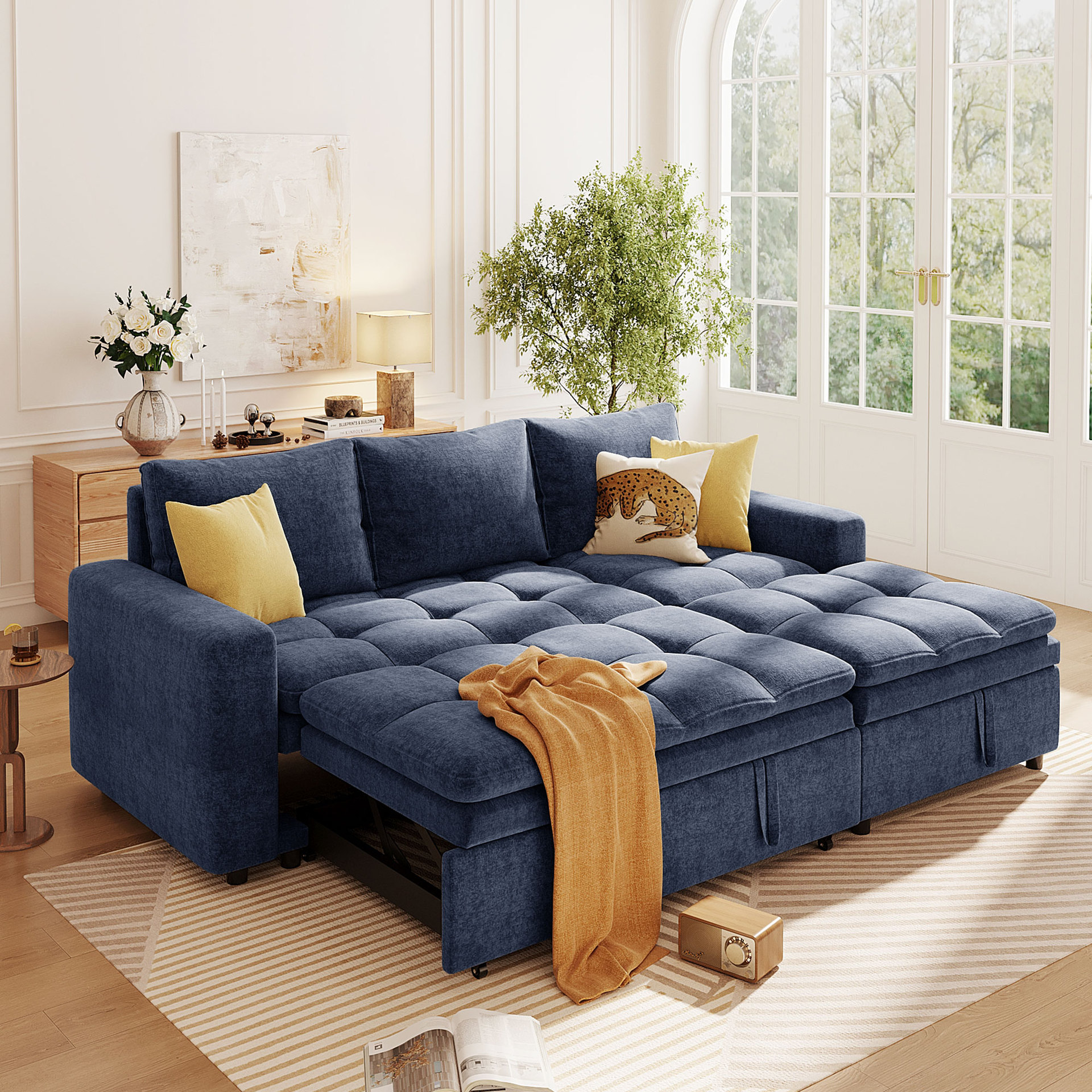 Sofá cama multifuncional de madera sólida plegable de almacenamiento de doble propósito pequeño tipo sala de estar desmontable sofá cama doble simple