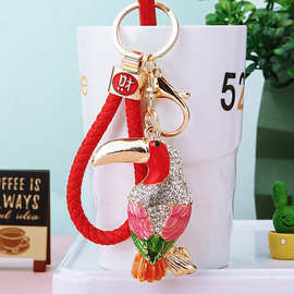 招财创意镶水钻鹦鹉汽车钥匙扣女士可爱包包挂件精致钥匙链圈饰品