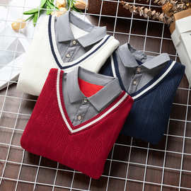 2025春秋新款洋气中大童男孩毛衣长袖针织衫加绒保暖衬衫领假两件