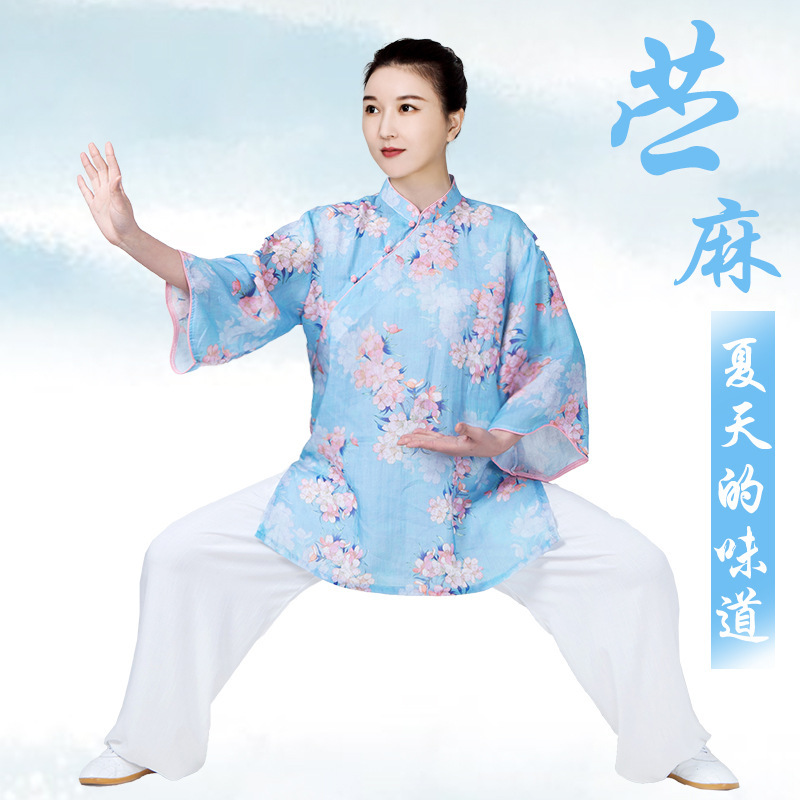 Blue floral Tai Chi Clothing wushu tai ji quan Kung Fu uniforms For women summer of cotton and ramie tai chi uniforms female fashion