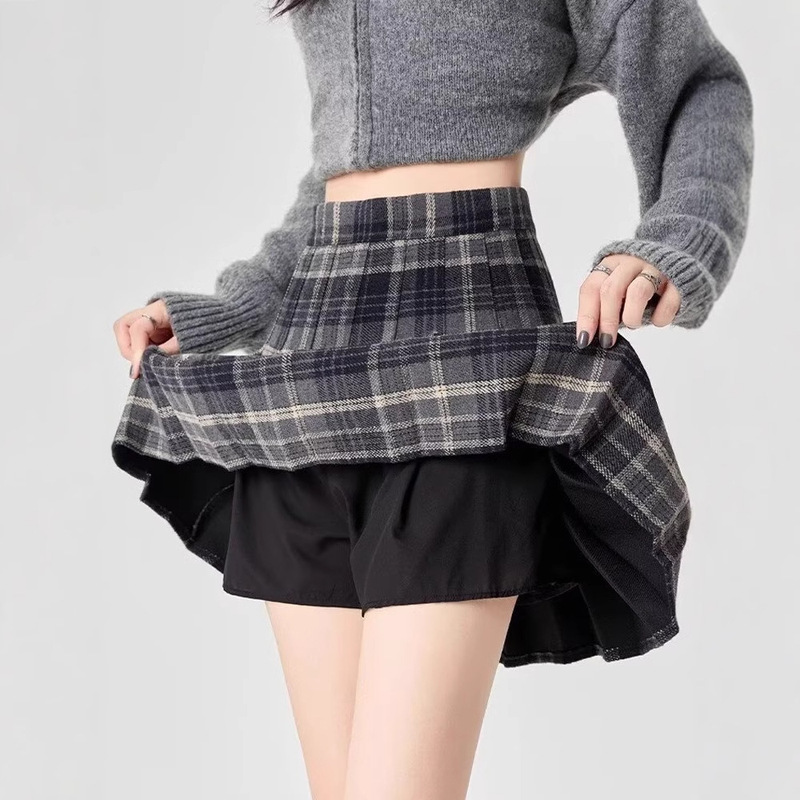 秋冬の女性用レトロチェック柄ウールスカート、小柄な人向けの万能ハイウエスト、スリムで露出防止のAラインプリーツスカート|undefined
