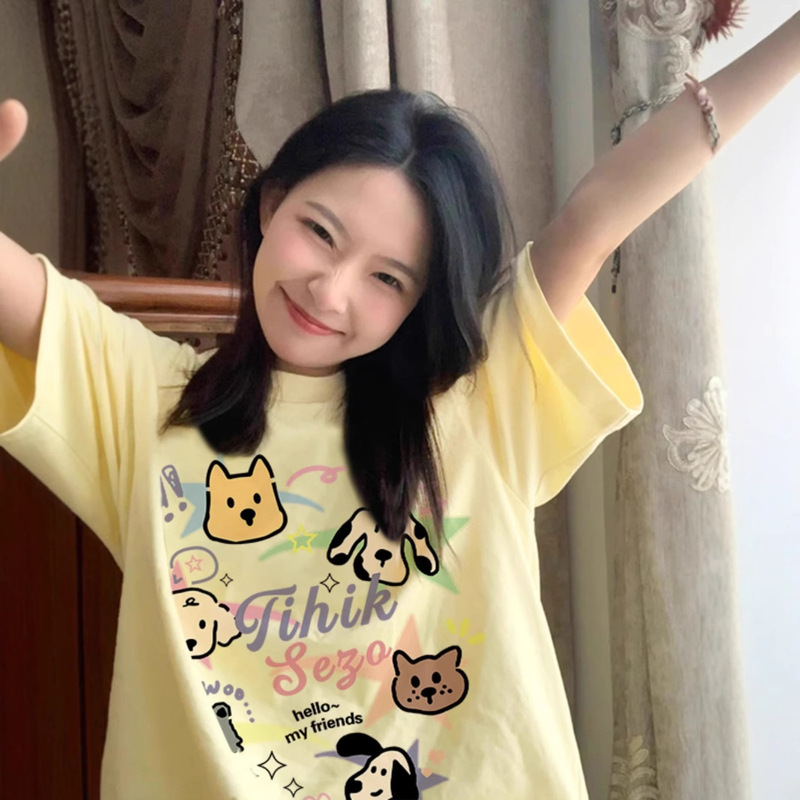 chubby girl Creamy Yellow Printed Pure Cotton T-shirt Women's Summer New Niche Design Sense Loose plus size Slim Look Top Ins