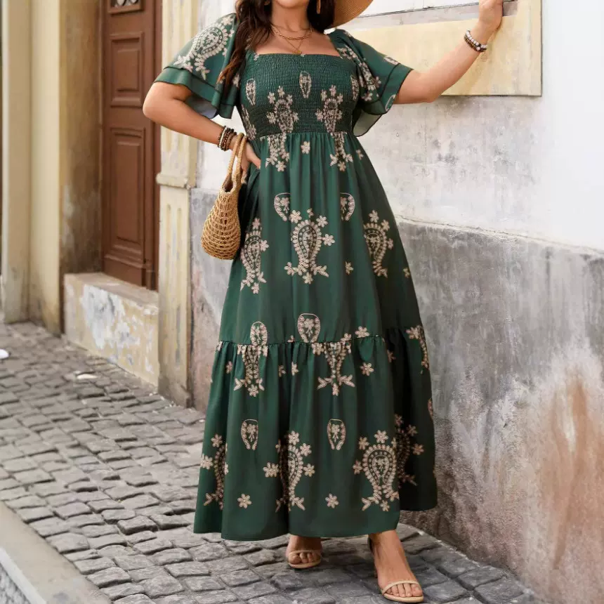 大码女装方领跨境复古长裙短袖中长款宽松打揽女装显瘦特大码