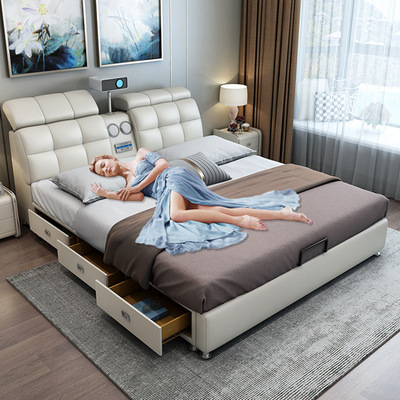 現代簡約皮床投影儀多功能抽屜儲物床1.5/1.8米小戶型臥室雙人床