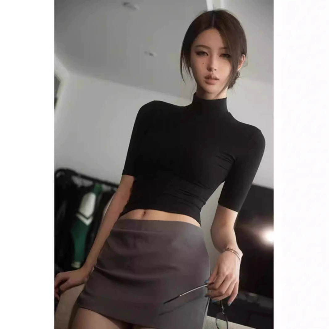 Американская черная футболка с половиной рукавов, нижняя рубашка для женщин, весенняя сексуальная облегающая сексуальная внутренняя короткая футболка с половиной воротника