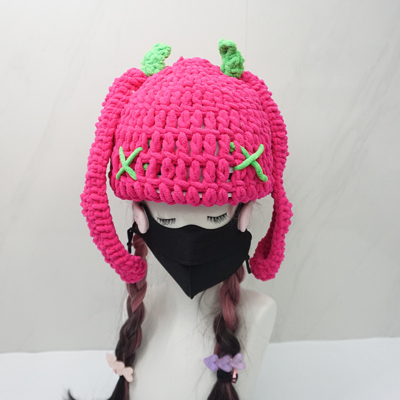 Winter New Handmade Wool Ski Hat Set Rose Red Hat Set Ski Skating Half Helmet Equipment Single and Double Board Accessories