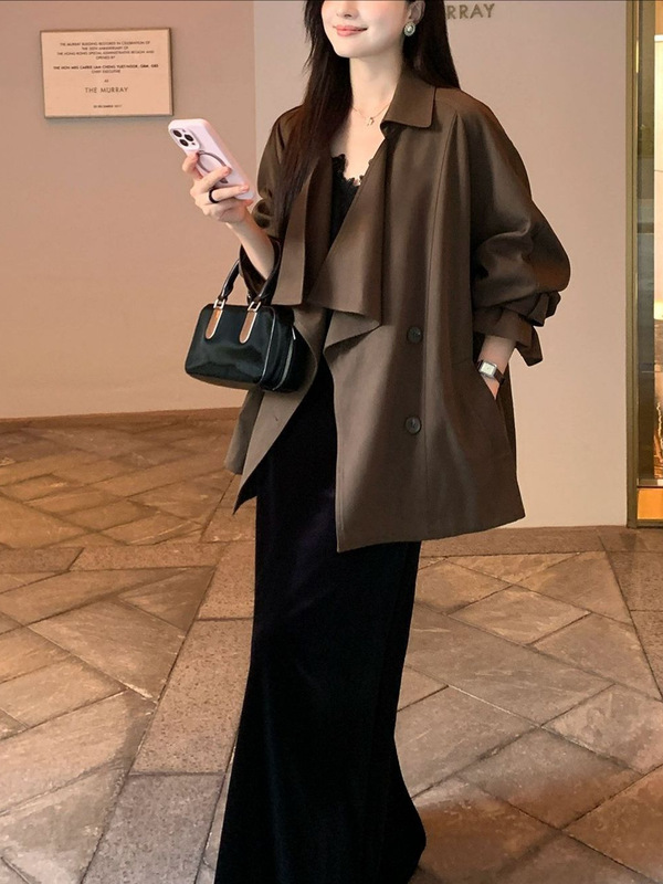 莱赛尔天丝棉撞色扣荡领上衣女秋廓形可调节扣袢风衣外套|undefined