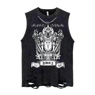 2023 New American Style Loose Retro Large Size Vest Pure Cotton Personalized High Street Washed New Style Distressed Vest