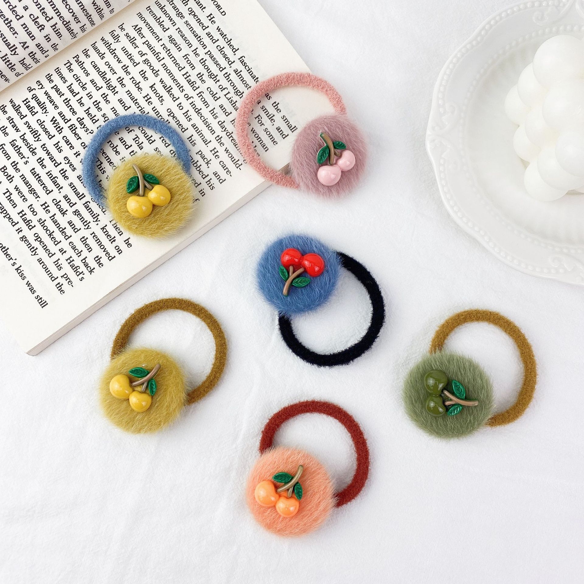 New Cute Plush Fruit Cherry Hair Ring Set display picture 1