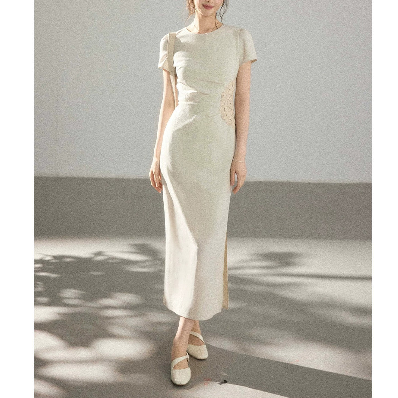 [Qingshan Ying] High-End Handmade Crochet Floral Dress for Women, Summer Short-Sleeved Workwear-Style Elegant Long Dress