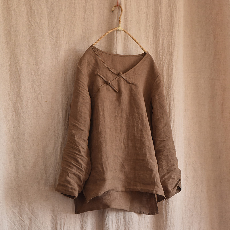 Qiao'an women's linen V-neck hand-stitched button retro shirt spring and autumn Zen shirt T-shirt