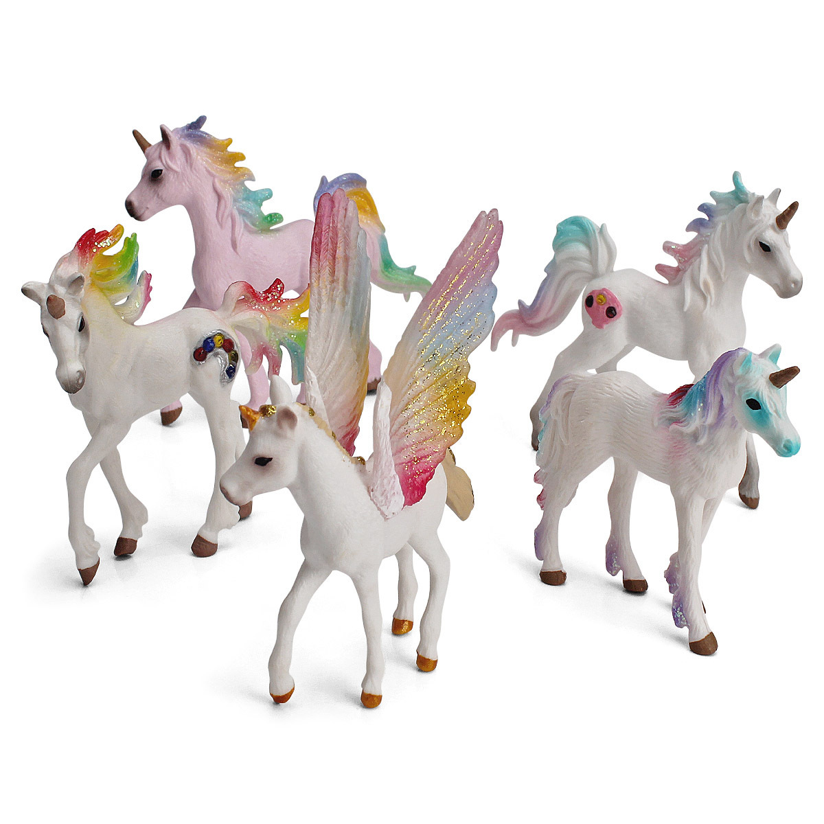 Exportación transfronteriza Diversión infantil mito animal juguete unicornio arco iris modelo de caballo Pegaso duende decoración en stock
