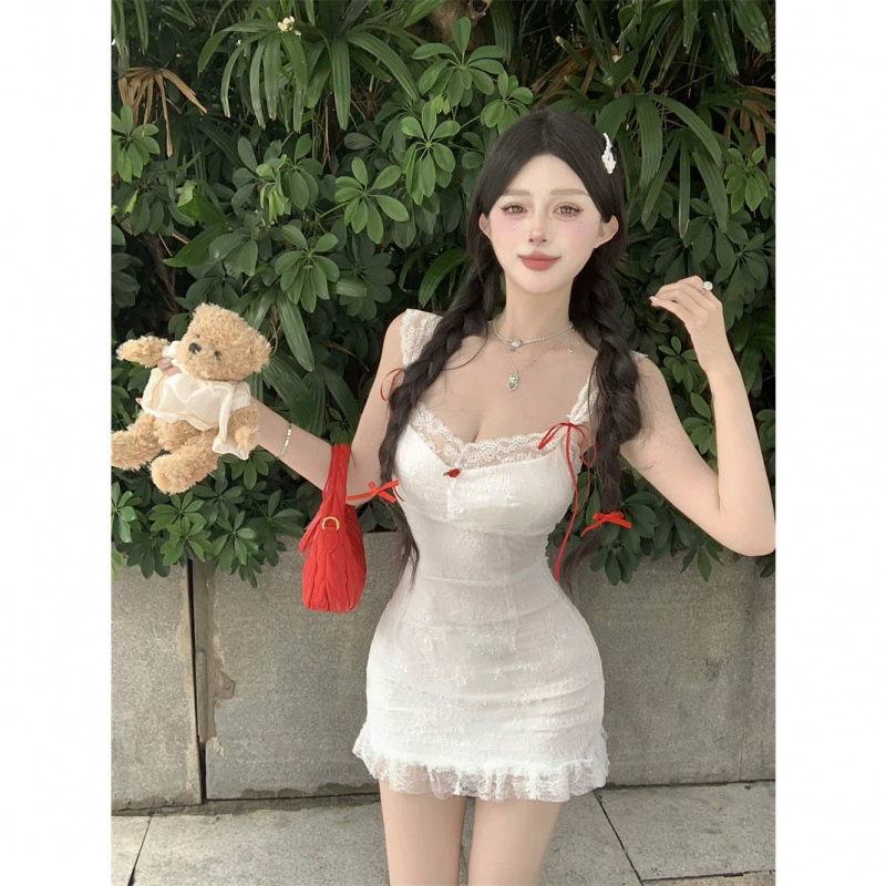 Летнее женское платье с бантом и кружевными подтяжками, сексуальная облегающая талию юбка до бедер, обтягивающая короткая юбка, подчеркивающая фигуру