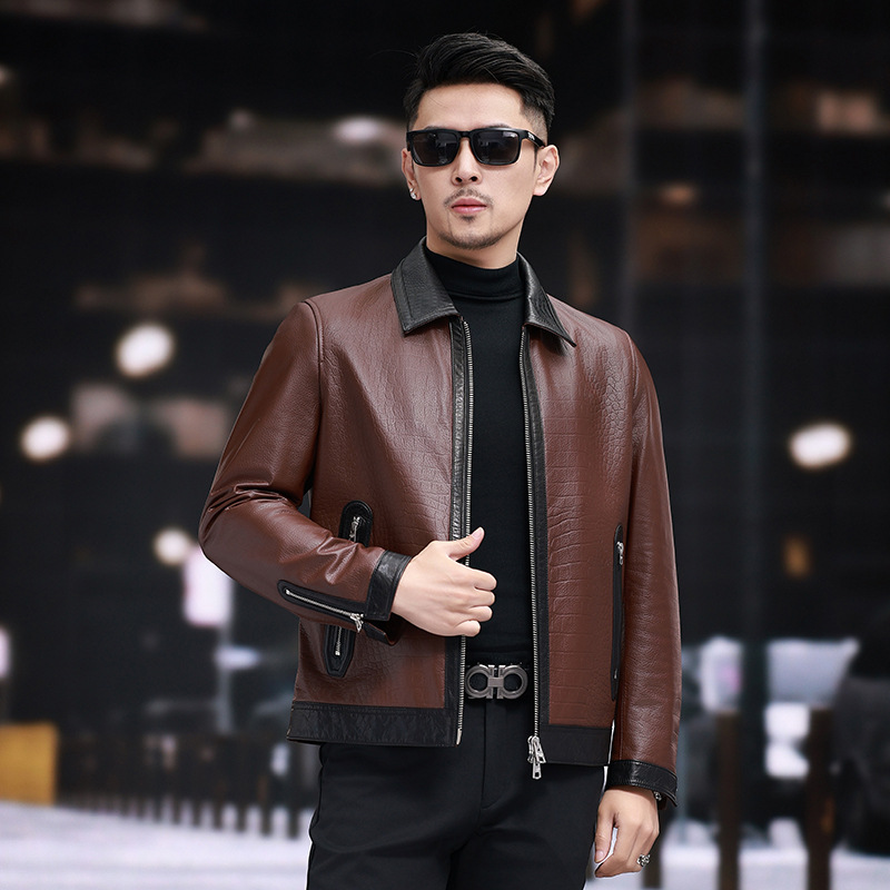 海宁秋冬新款男 真皮皮衣时尚高端鳄鱼纹翻领头层牛皮撞色夹克外
