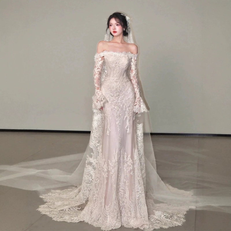 French-style off-shoulder lace mermaid wedding dress with high-quality texture, 2026 new vintage bridal light dress for outings French-style off-shoulder lace mermaid wedding dress with high-quality texture, 2026 new vintage bridal light dress for outings