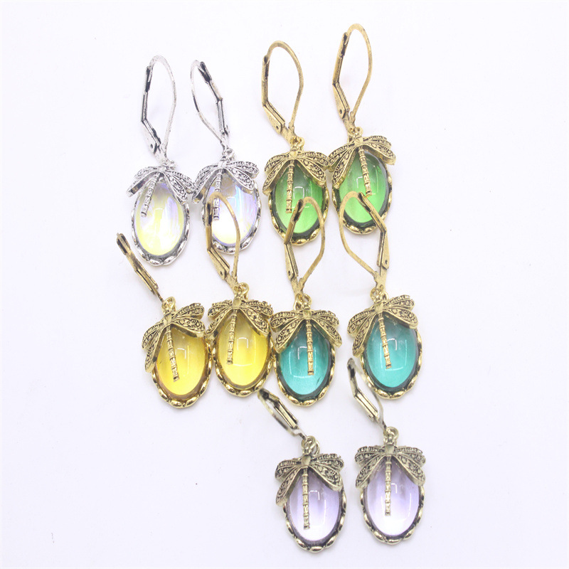 Oval, Dragonfly Pattern Women's Gender Plating, Inlay Design 1 Pair Casual Ethnic Style Oval Dragonfly Plating Inlay Alloy Crystal Drop Earrings