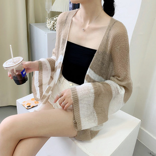 2025 New Korean Style Mohair Anti-Sun Clothing Long-Sleeved Loose Stripesd Color Matching Knitwear Cardigan Women's Top Jacket