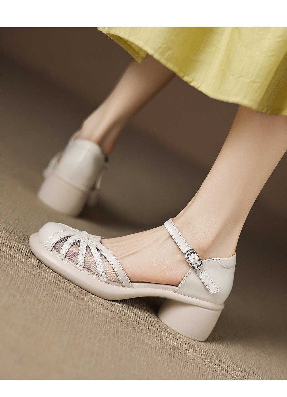 Sandal quai ngang nữ mũi bao da bò gót dày kiểu La Mã lưới rỗng — đen chi tiết 10