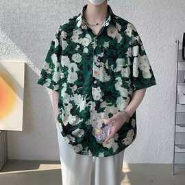 日系夏威夷水墨扎染碎花衬衫短袖五分袖百搭原宿新款潮流时尚半袖
