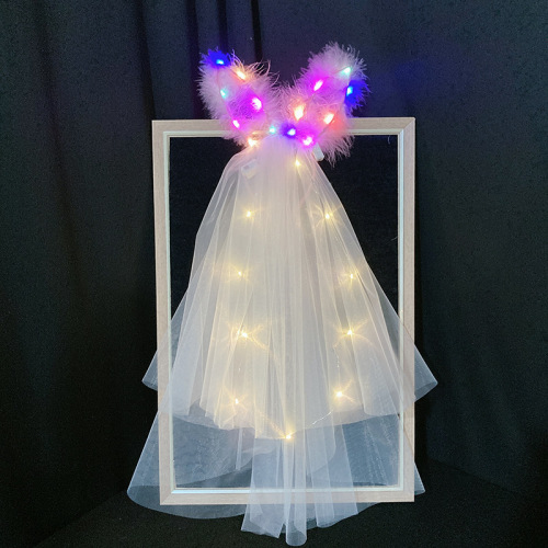 Bride with loose hair, double-layered pearl ribbon bow veil, curly edge, internet celebrity photo-taking headgear, children's luminous veil