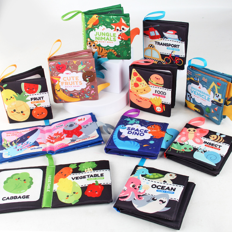 Cuatro libros de tela tridimensionales transfronterizos para bebés juguetes de educación temprana 4 caras 8 páginas en inglés libros de palma de alimentos y cognición animal libros de tela para bebés