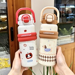 316 ステンレス鋼の弾丸蓋かわいいダブルドリンク魔法瓶カップハンドル付き大容量学生と子供の漫画ストローカップ