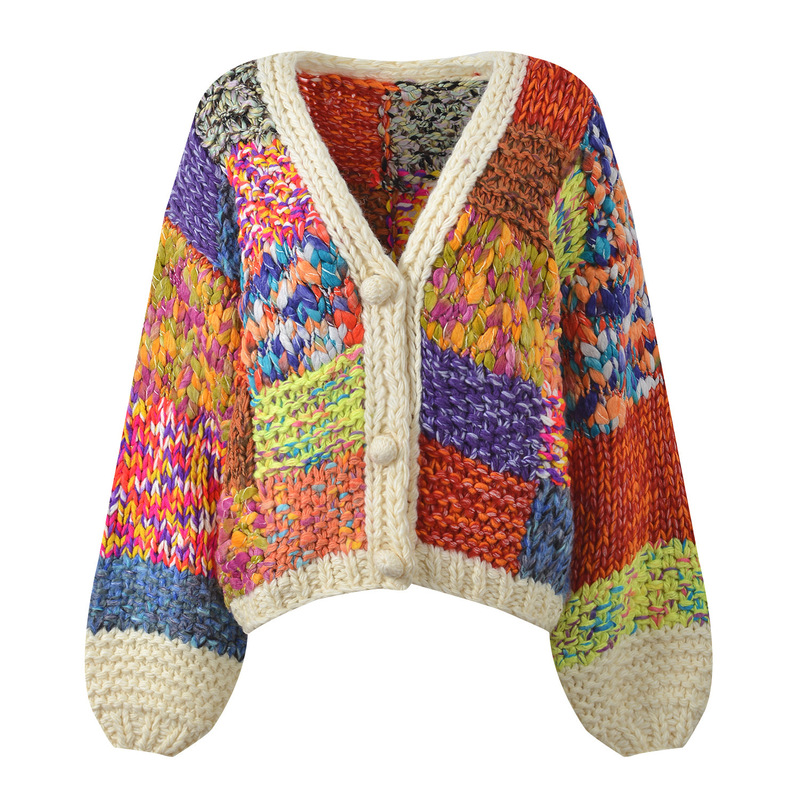 2025 Autumn New Heavy Knit Colorful Plaid Versatile Slimming Long Sleeve V-Neck Sweater Cardigan Jacket