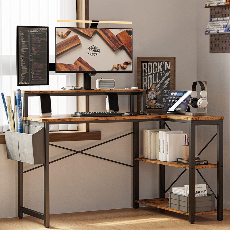 Computer Desk with Monitor Stand 47inch Corner Home L-Shaped Office Desk with Charging Station and Storage Shelf